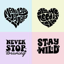 Four square panels with inspirational text and funky design: top left 