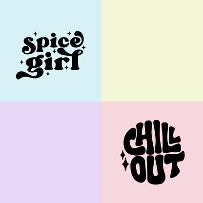 A graphic image divided into four quadrants, each with a different pastel background. Top left reads "spice girl" in decorative black text; top right is plain. Bottom left is plain;