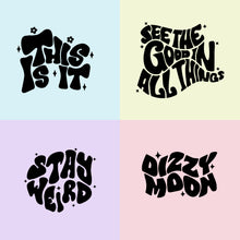 Four colorful squares containing whimsical black text phrases: 