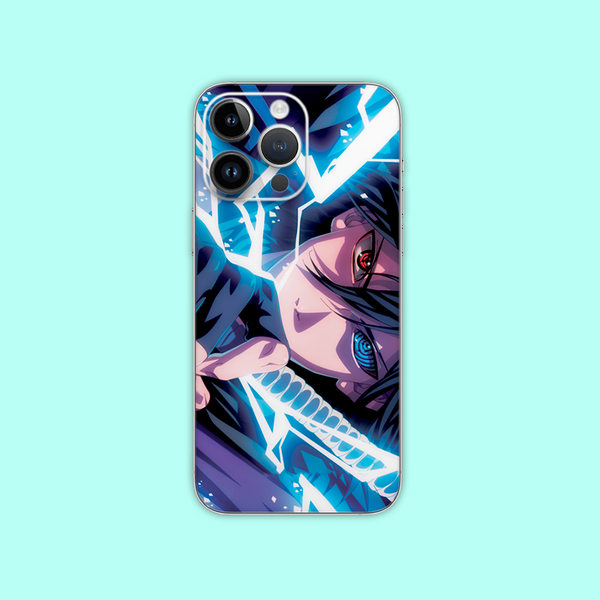 a anime mobile skin of Sasuke with some lighting effect on iphone