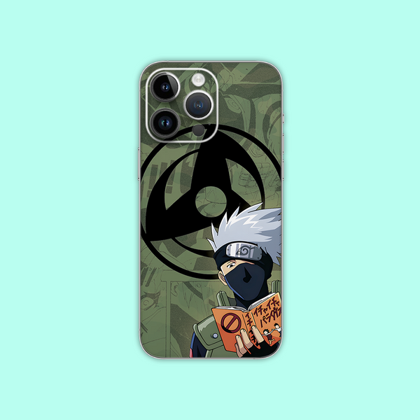 a anime mobile skin of Kakashi with holding a book on iphone