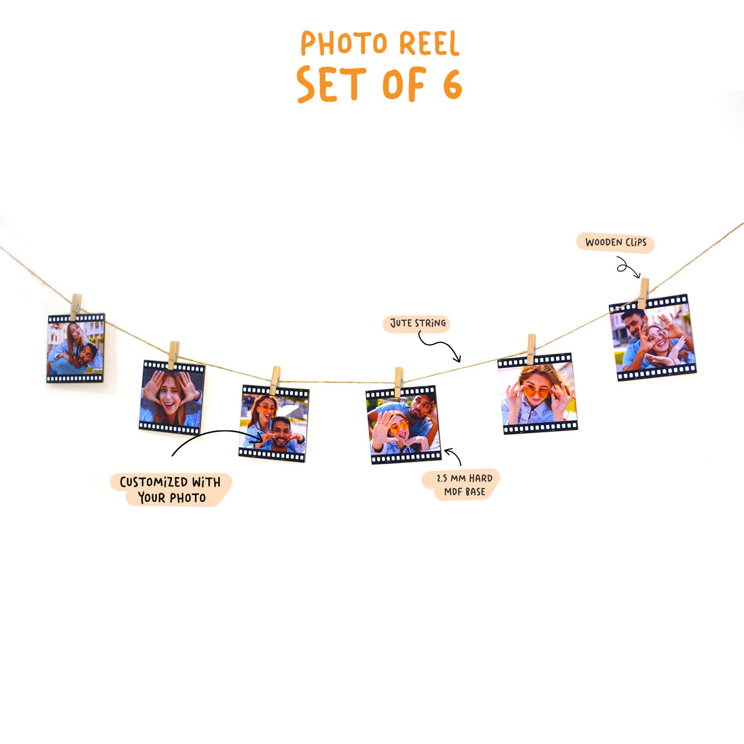 A decorative Reel Photo Wall Decor set featuring six printed photos hanging on a jute string with wooden clips. Each photo is framed like a film strip. The text highlights the jute string, wooden clips, and MDF base. The photos showcase various happy moments.