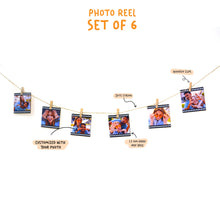 A decorative Reel Photo Wall Decor set featuring six printed photos hanging on a jute string with wooden clips. Each photo is framed like a film strip. The text highlights the jute string, wooden clips, and MDF base. The photos showcase various happy moments.