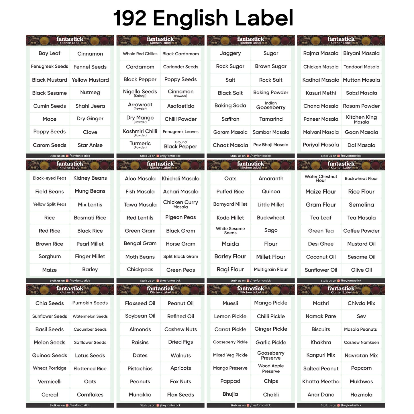 Kitchen waterproof laminated labels (192 Printed + 16 Blanks)